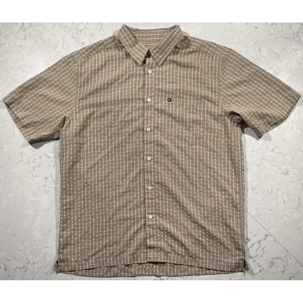 Quiksilver Shirt Mens Large Tan Plaid Short Sleeve Button Up‎ Skate Surf Casual